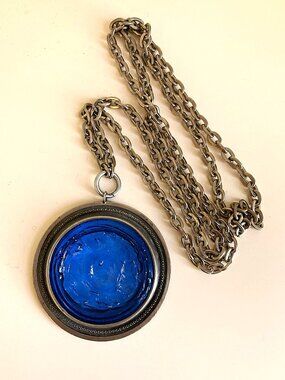 Large vintage Rune Tennesmed (Sweden) medallion necklace in pewter & glass